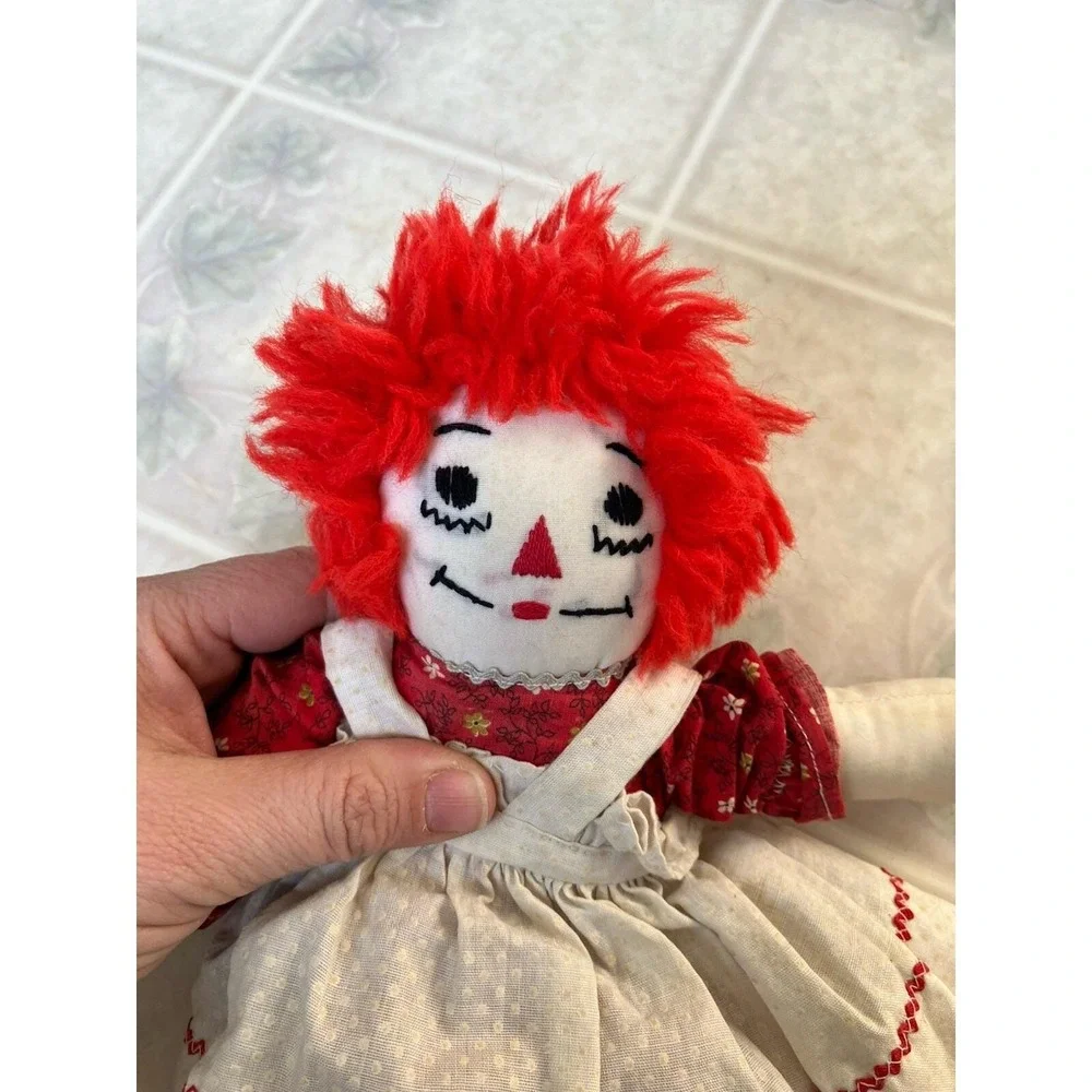 Raggedy Ann Doll Vintage 1970s Handmade Embroidered Face Red Heart Dress 11